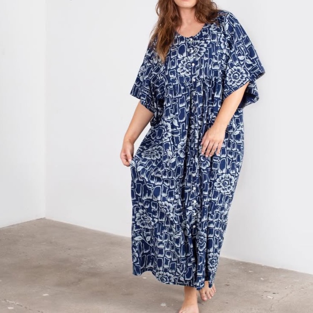 Ilana Kohn Brenda Maxi Dress Stone Flower Print Blue Front Abstract Oversized